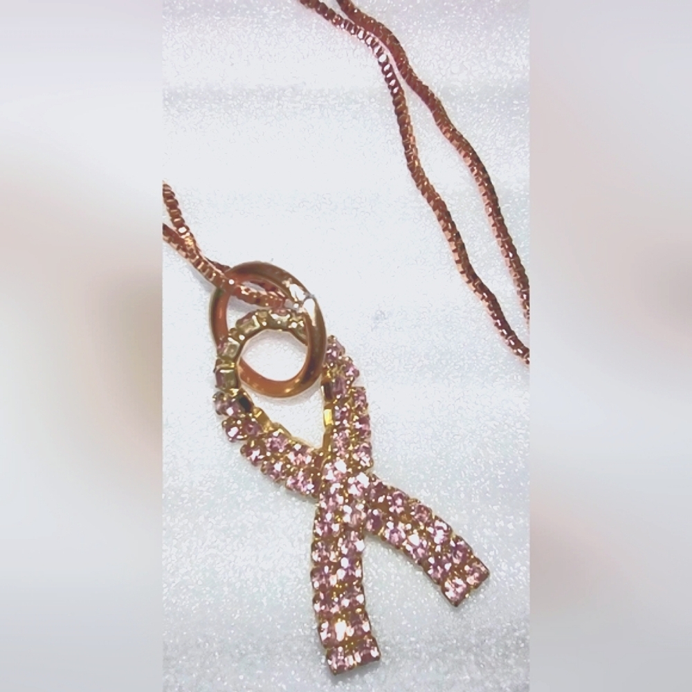 Rhinestone Pink Crystal Awareness Ribbon Necklace